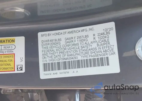 2021 Honda Accord Hybrid Ex-L from USA, damaged, VIN 1HGCV3F59MA004293